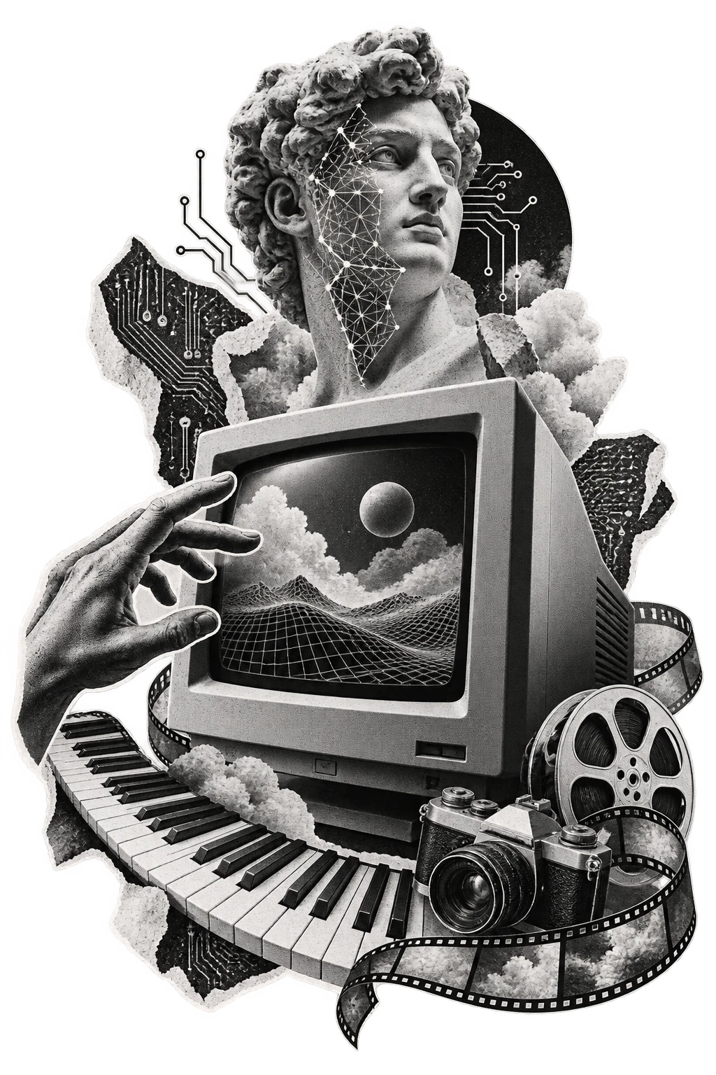 Black-and-white collage of a classical bust, computer, piano keys, camera and film reel
